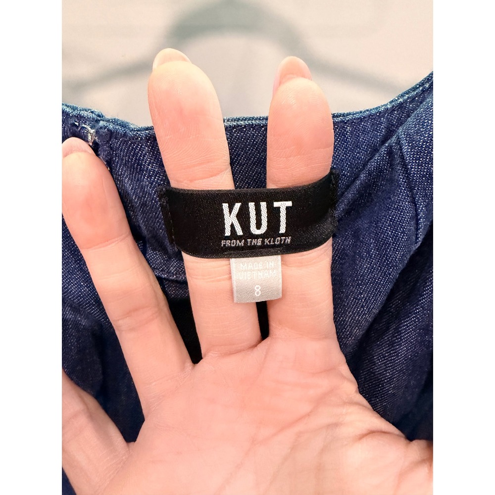 KUT Amelie Denim Dress, Square Neck Fit and Flare Mini Dress with Pockets - Picture 9 of 9